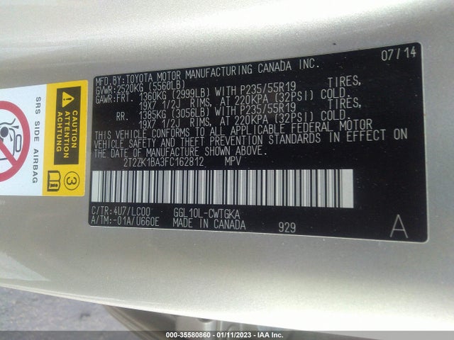2T2ZK1BA3FC162812 Lexus RX 350