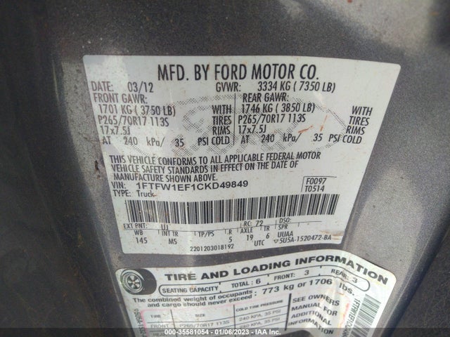 2012 FORD F-150 XL/XLT/FX4/LARIAT VIN: 1FTFW1EF1CKD49849