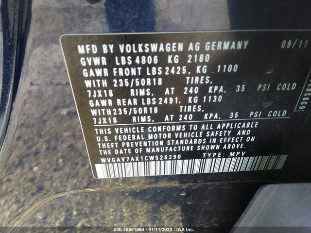 2012 VOLKSWAGEN TIGUAN SE VIN: WVGAV7AX1CW526290