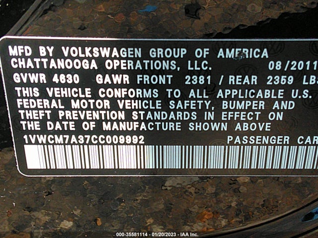 1VWCM7A37CC009992 Volkswagen Passat Sel Premium