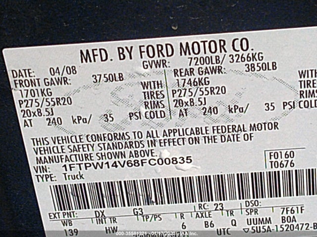 2008 FORD F-150 XLT/FX4/LARIAT VIN: 1FTPW14V68FC00835
