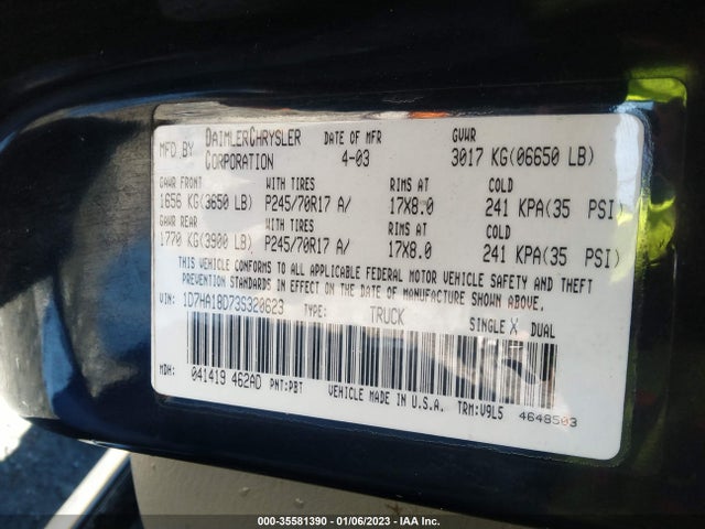 2003 DODGE RAM 1500 ST/SLT VIN: 1D7HA18D73S320623
