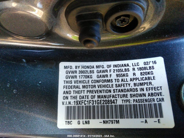 2016 HONDA CIVIC SEDAN EX-T VIN: 19XFC1F31GE208947