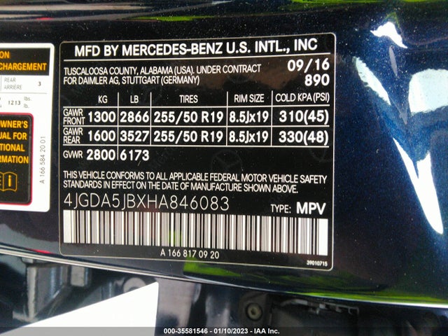 2017 Mercedes-Benz GLE-Class, VIN: 4JGDA5JBXHA846083