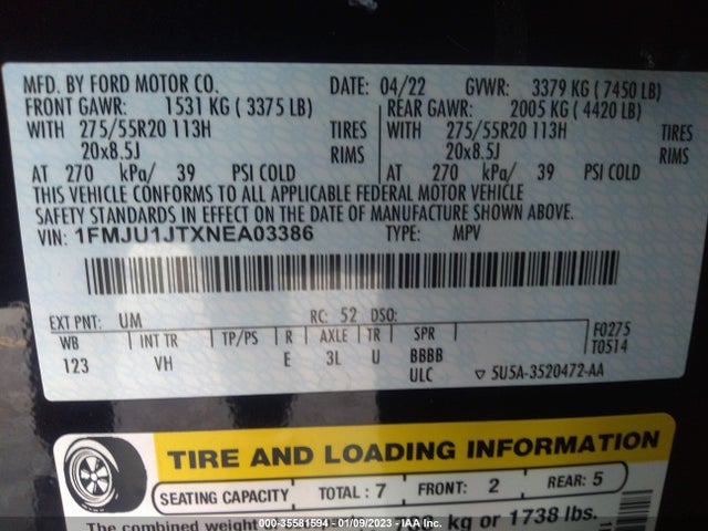 2022 Ford Expedition, VIN: 1FMJU1JTXNEA03386