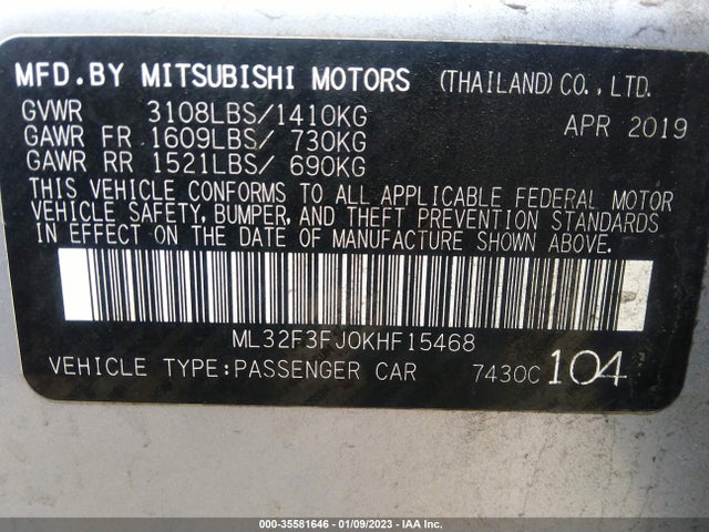 2019 MITSUBISHI MIRAGE G4 ES/RF VIN: ML32F3FJ0KHF15468