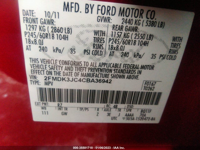 2012 FORD EDGE SEL VIN: 2FMDK3JC4CBA36942