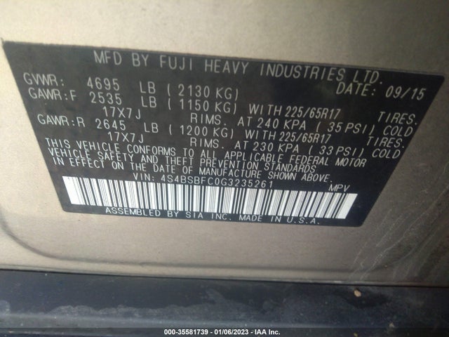 2016 Subaru Outback, VIN: 4S4BSBFC0G3235261