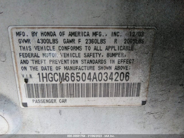 2004 HONDA ACCORD SDN EX VIN: 1HGCM66504A034206