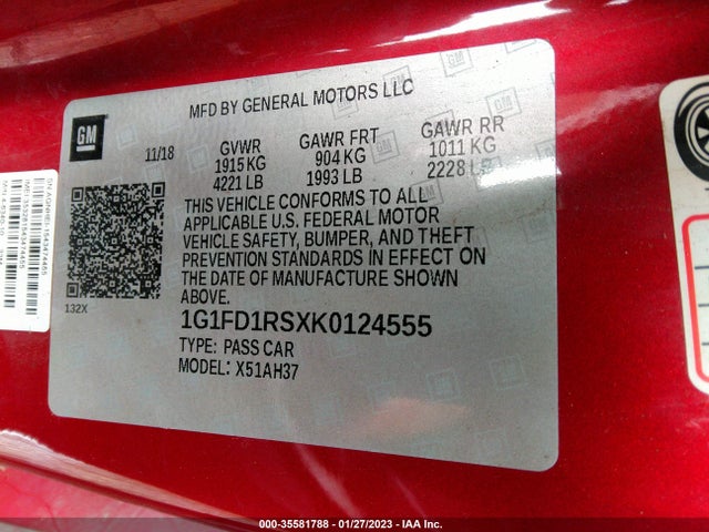 2019 Chevrolet Camaro, VIN: 1G1FD1RSXK0124555