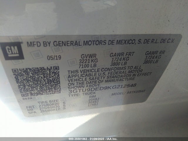 2019 GMC Sierra 1500, VIN: 3GTU9DED9KG212548