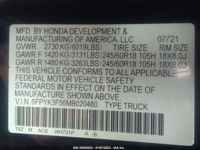 2021 Honda Ridgeline, VIN: 5FPYK3F56MB020480