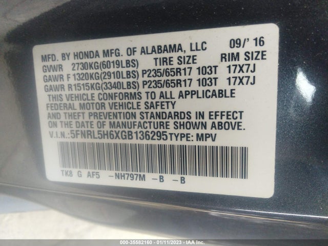 2016 Honda Odyssey, VIN: 5FNRL5H6XGB136295