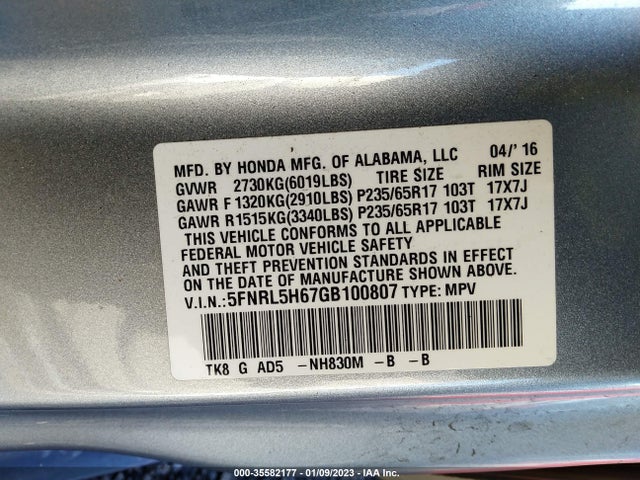 2016 Honda Odyssey, VIN: 5FNRL5H67GB100807