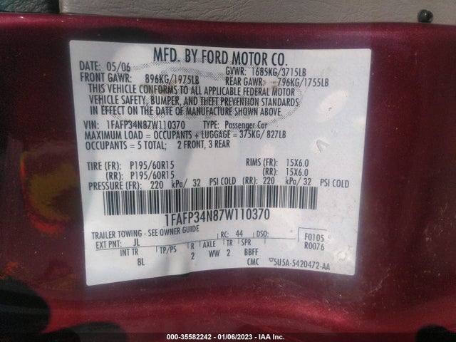 2007 FORD FOCUS S/SE/SES VIN: 1FAFP34N87W110370