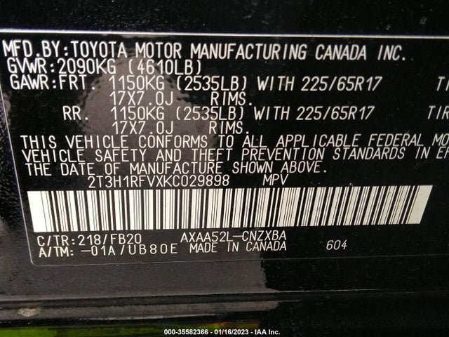 2019 TOYOTA RAV4 LE VIN: 2T3H1RFVXKC029898