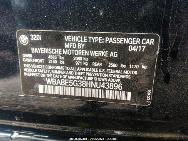 2017 BMW 3 Series, VIN: WBA8E5G38HNU43896