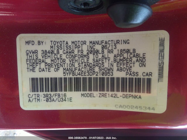2013 TOYOTA COROLLA L/LE/S VIN: 5YFBU4EE3DP210953