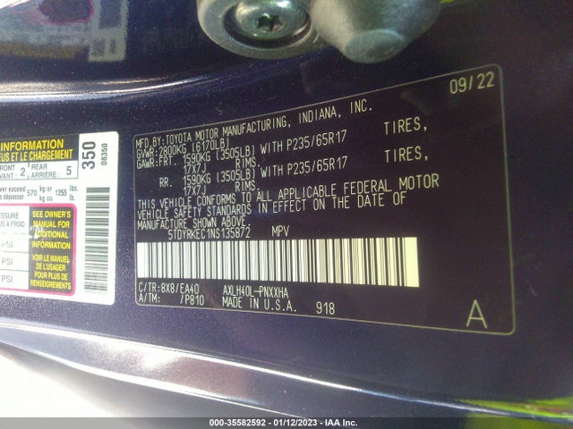 2022 Toyota Sienna, VIN: 5TDYRKEC1NS135872
