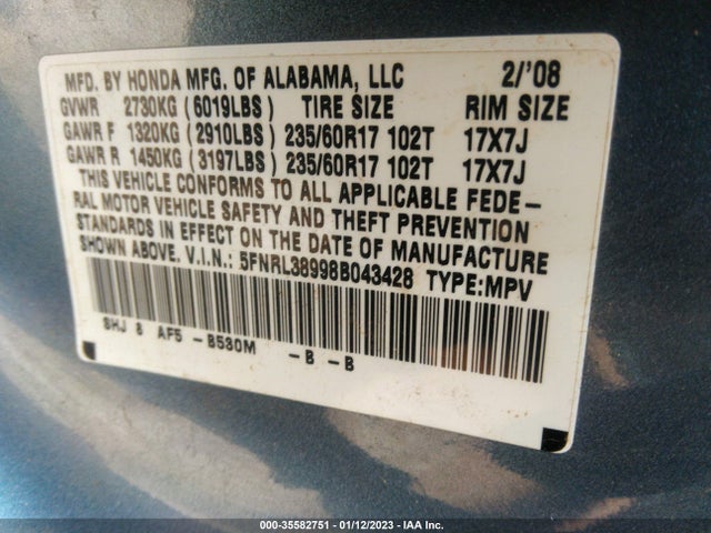 2008 HONDA ODYSSEY TOURING VIN: 5FNRL38998B043428