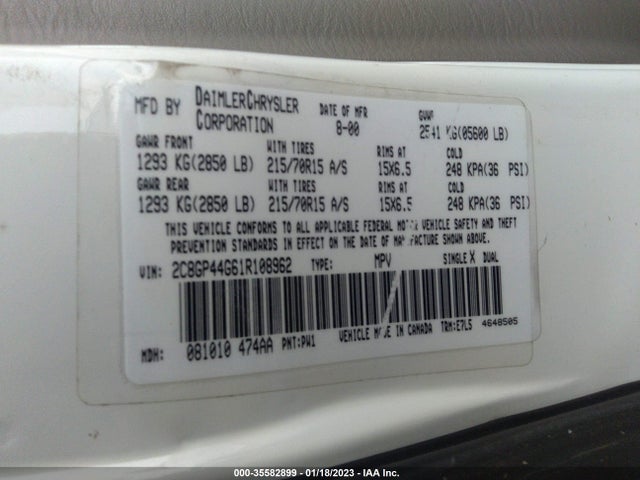 2001 CHRYSLER TOWN & COUNTRY LX VIN: 2C8GP44G61R108962