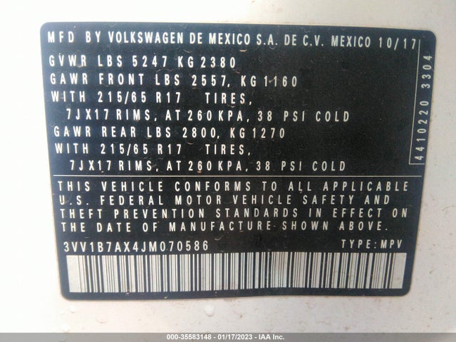 Volkswagen TIGUAN S 2018 3VV1B7AX4JM070586 Image 11