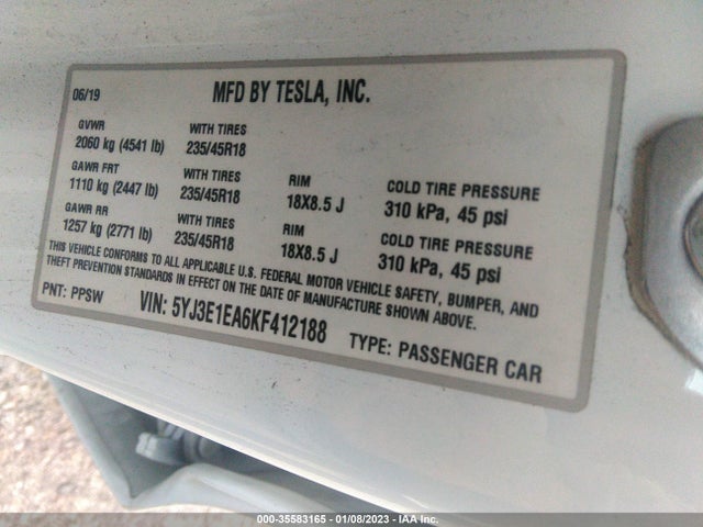 Tesla Model 3 Range 2019 5YJ3E1EA6KF412188 Image 9
