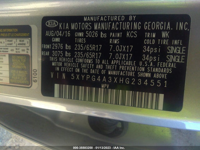 2017 Kia Sorento, VIN: 5XYPG4A3XHG234551