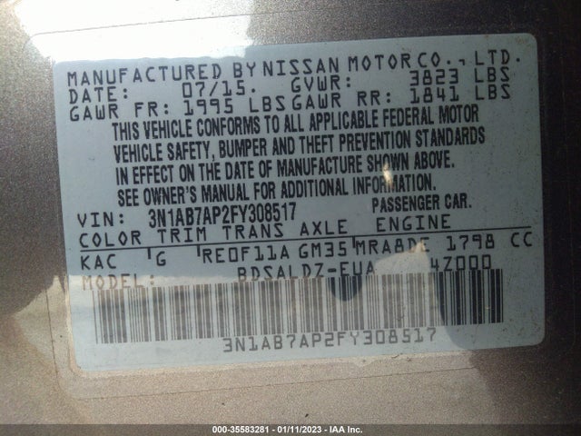 Продаж на аукціоні авто 2015 Nissan Sentra Sv, vin: 3N1AB7AP2FY308517, номер лоту: 35583281