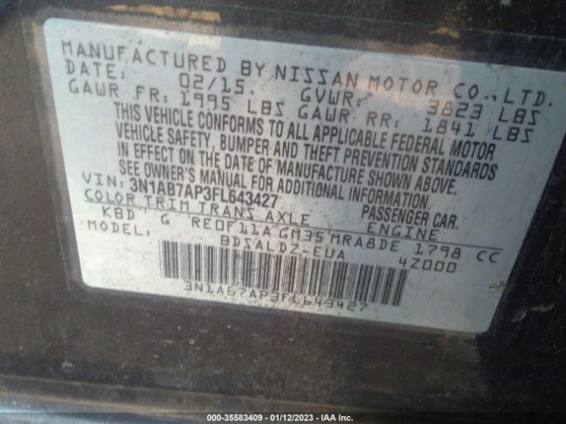 3N1AB7AP3FL643427 Nissan Sentra Sr/sl/s/sv/fe+ S