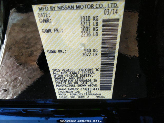 2014 NISSAN ALTIMA 2.5 SL VIN: 1N4AL3AP6EC298140