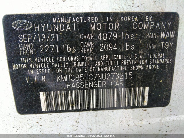 2022 Hyundai Ioniq, VIN: KMHC85LC7NU273215
