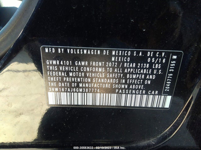 2016 VOLKSWAGEN JETTA SEDAN 1.4T S VIN: 3VW167AJ6GM387774