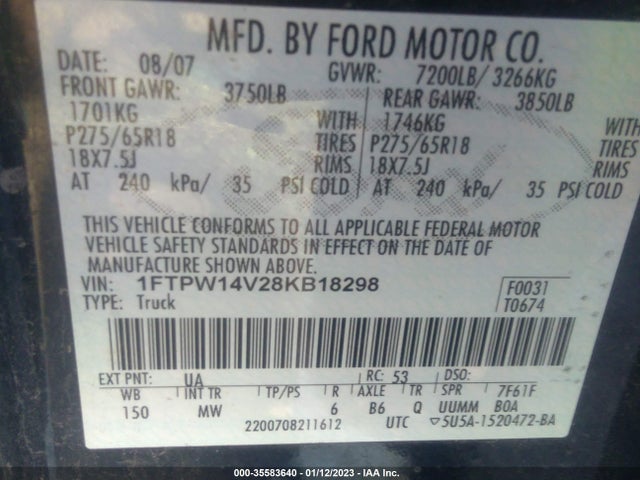 2008 FORD F-150 XLT/FX4/LARIAT VIN: 1FTPW14V28KB18298