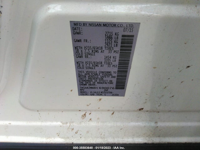 2015 NISSAN PATHFINDER SV VIN: 5N1AR2MN8FC690076