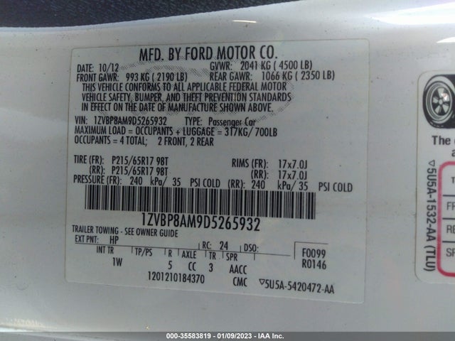 2013 FORD MUSTANG V6 VIN: 1ZVBP8AM9D5265932