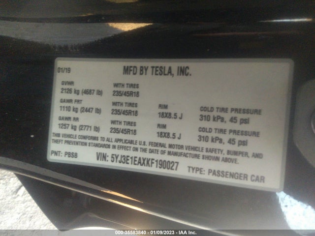 2019 Tesla 3, VIN: 5YJ3E1EAXKF190027