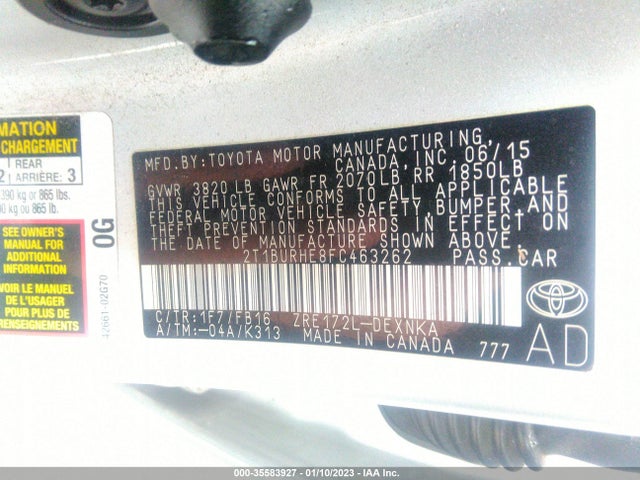 2015 TOYOTA COROLLA L/LE/S/S PLUS/LE PLUS VIN: 2T1BURHE8FC463262