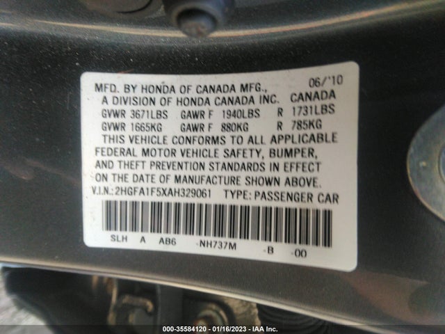 2010 HONDA CIVIC SDN LX VIN: 2HGFA1F5XAH329061