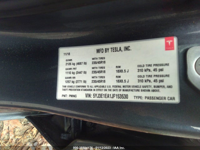 2018 Tesla 3, VIN: 5YJ3E1EA1JF153530