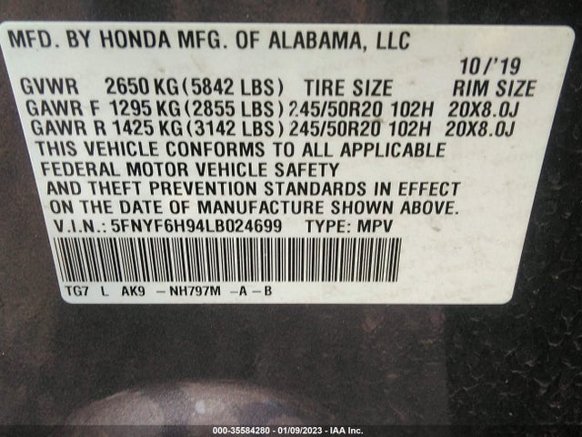 Honda Pilot Touring 8-passenger 2020 5FNYF6H94LB024699 Image 9