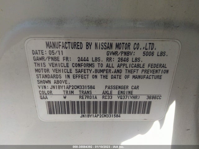 2012 INFINITI M37 VIN: JN1BY1AP2CM331584