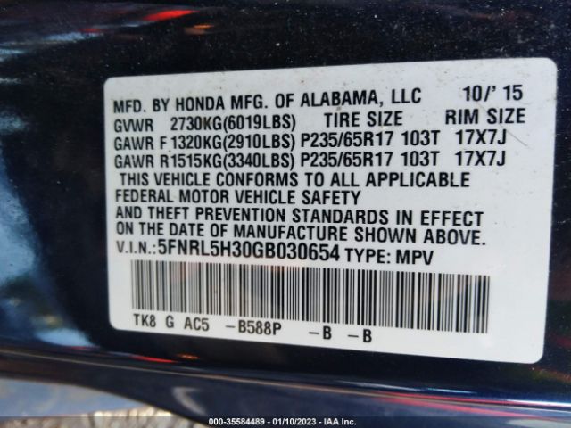 5FNRL5H30GB030654 Honda ODYSSEY SE