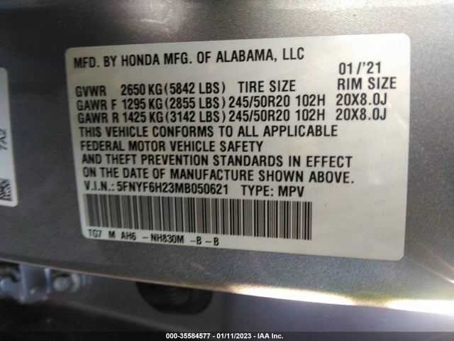 2021 HONDA PILOT SPECIAL EDITION VIN: 5FNYF6H23MB050621