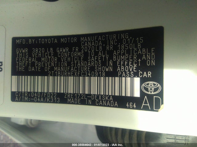 2015 TOYOTA COROLLA L/LE/S/S PLUS/LE PLUS VIN: 2T1BURHEXFC340918