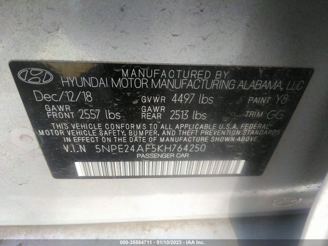 2019 HYUNDAI SONATA SE VIN: 5NPE24AF5KH764250