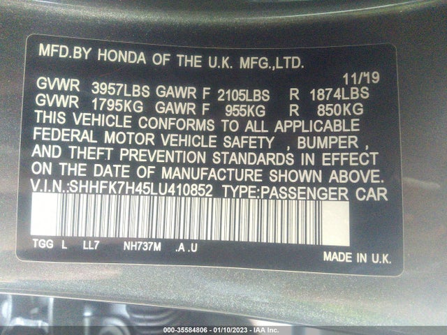 2020 HONDA CIVIC SPORT VIN: SHHFK7H45LU410852