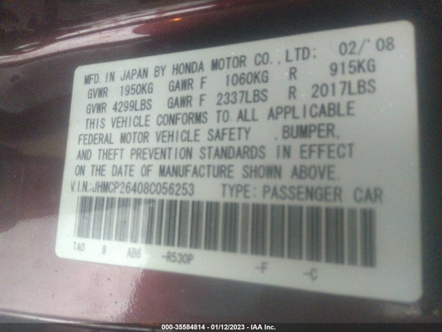 2008 HONDA ACCORD SDN LX-P VIN: JHMCP26408C056253