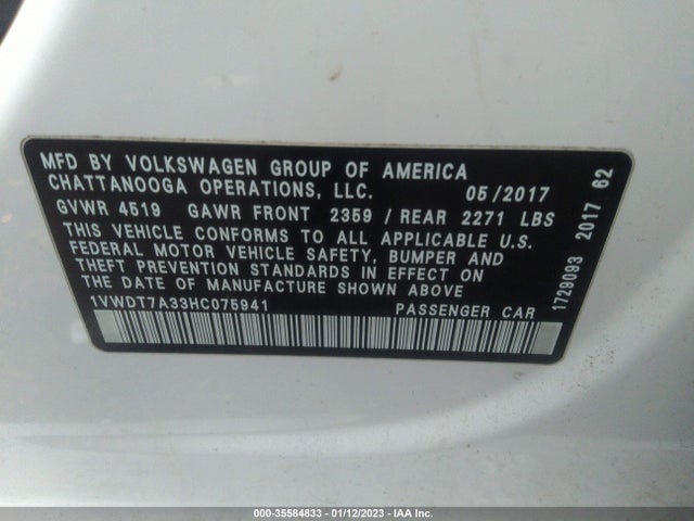1VWDT7A33HC075941 Volkswagen Passat R-line W/comfort Pkg