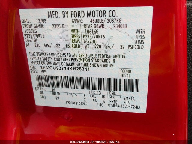 2009 FORD ESCAPE XLT VIN: 1FMCU93719KB28341